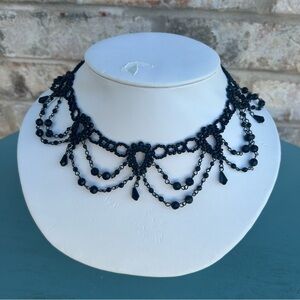 Victorian Gothic Black Beaded Choker Necklace | VJ Signed Statement Jewelry